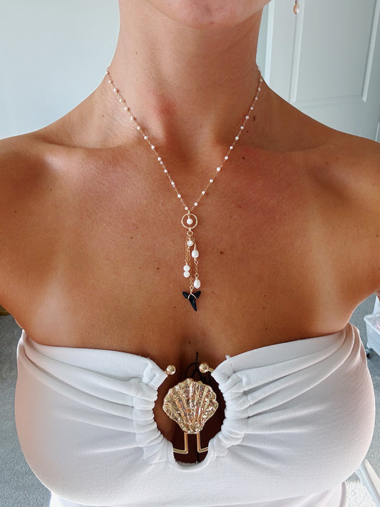Gold Filled Shark Tooth Pearl Lover Triple Drop Necklace