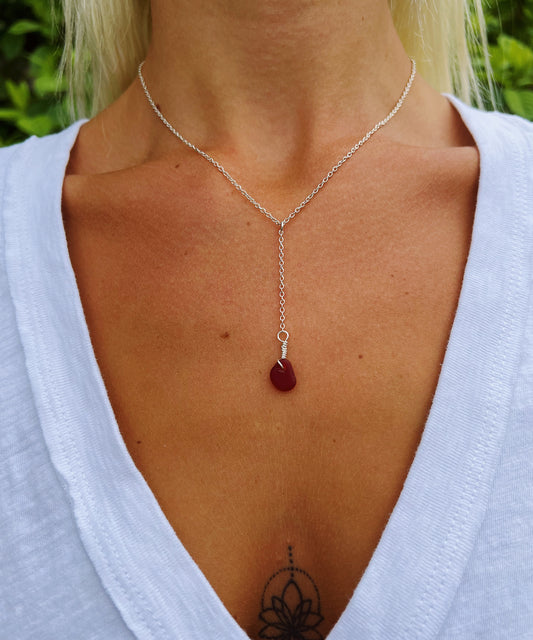 Cranberry Sea Glass Single Drop Necklace