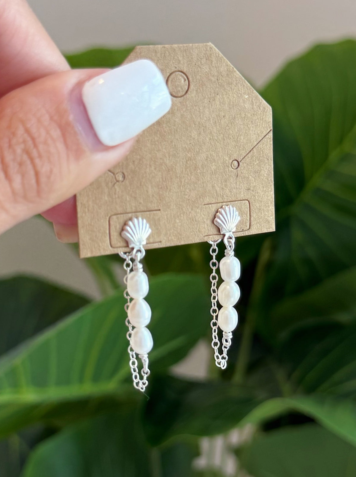 Sterling Silver Shell Stud Pearl Threader Dangle Earring