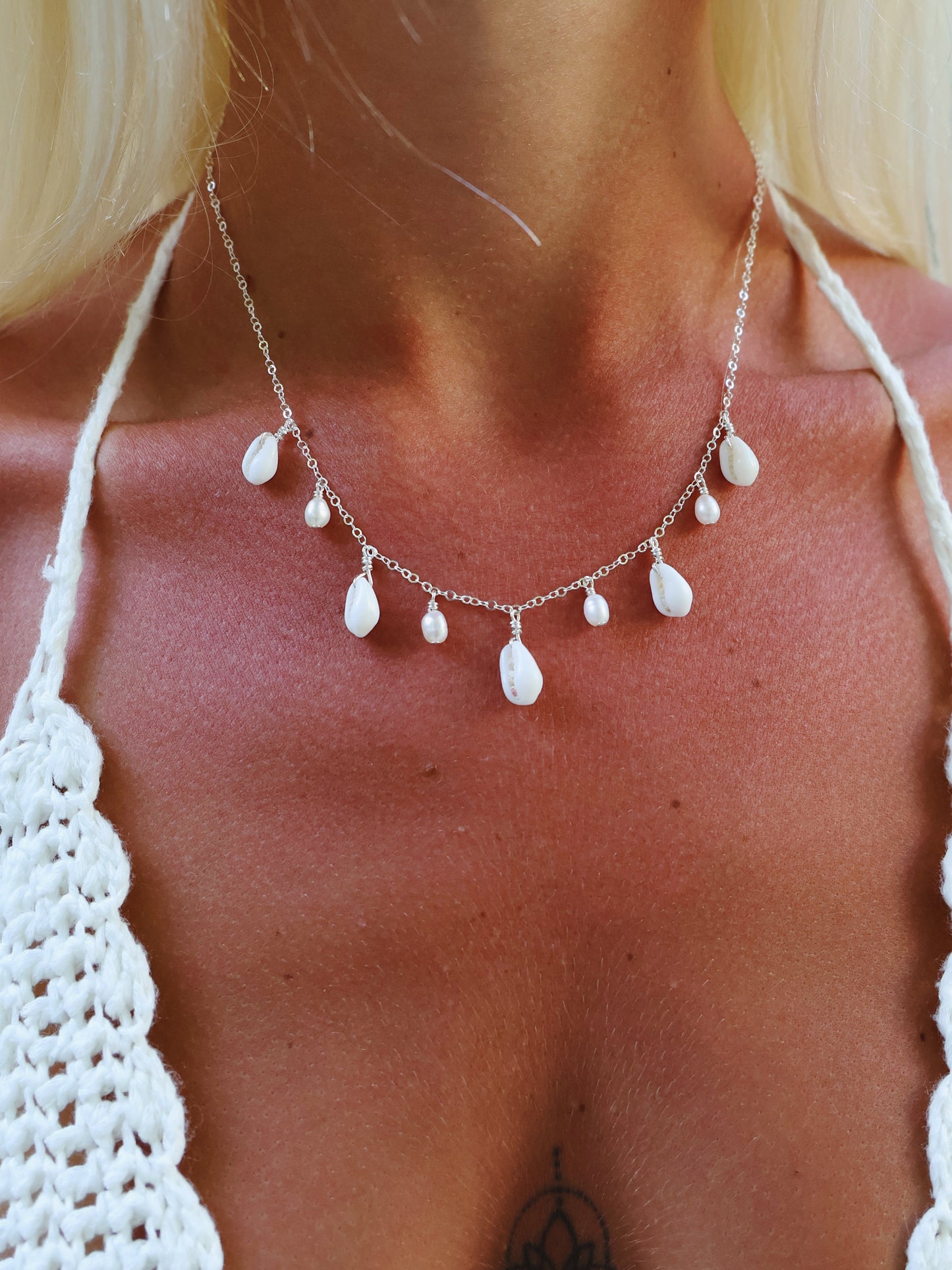 Sterling Silver Full Cowrie Shell Baroque Pearl Multi Necklace