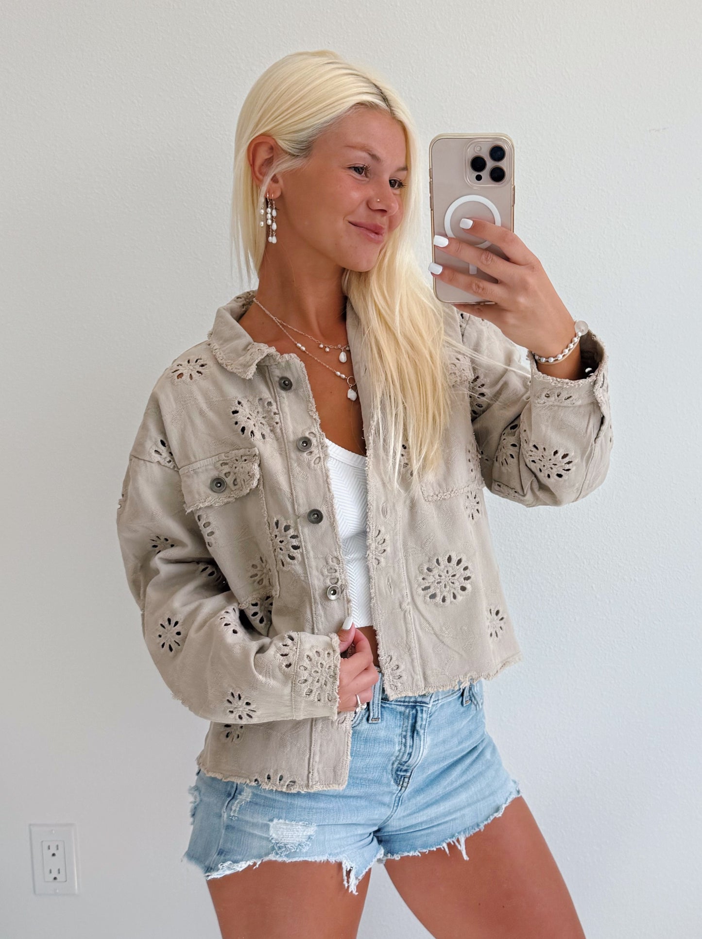 Eyelet Button Down Cotton Jacket