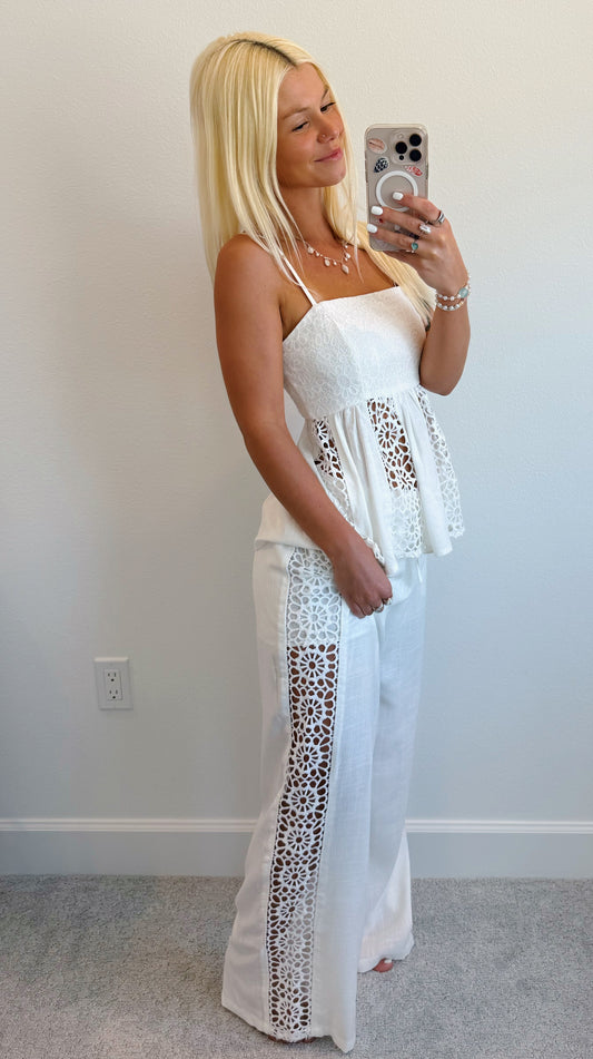 White Boho Crochet Side Wide Leg Pants
