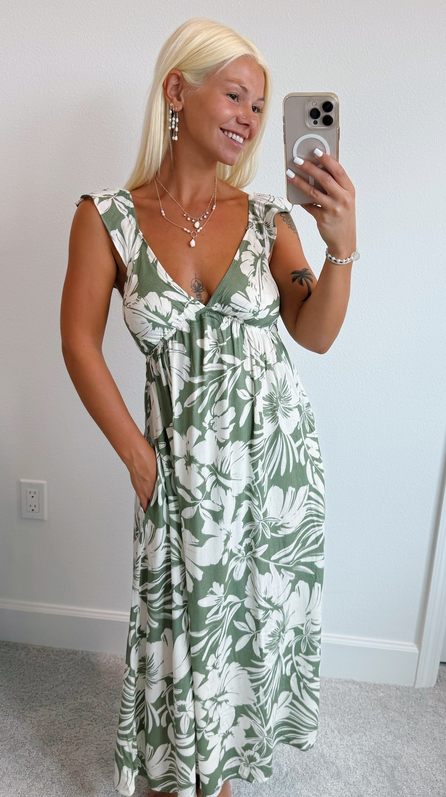 Olive Green Tropical Leaf Ruffle Shoulder Midi Dress