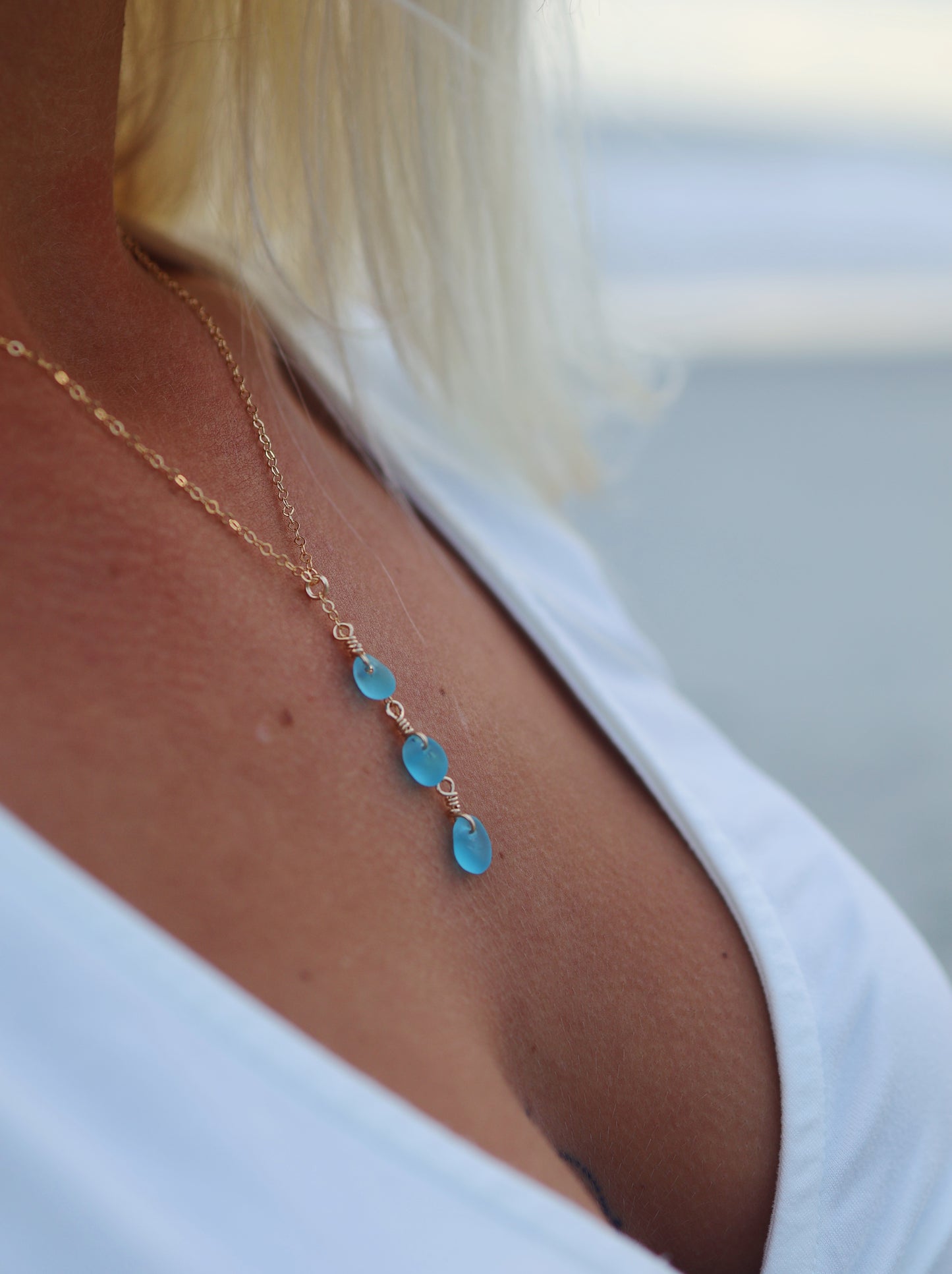 Gold Filled Ocean Blue Sea Glass Drop Necklace