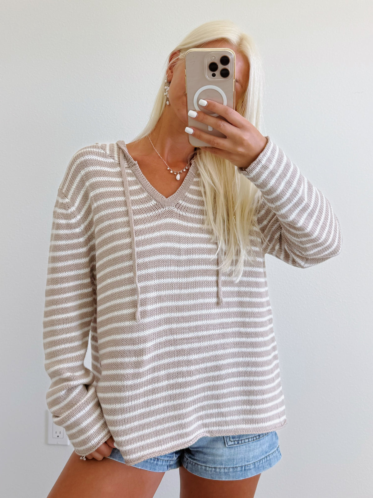 Beige & Ivory Striped Lightweight V Neck Hoodie Sweater