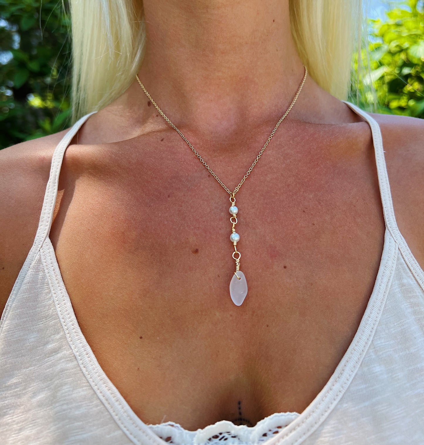 Freshwater Pearl Clear Sea Glass Gold Necklace