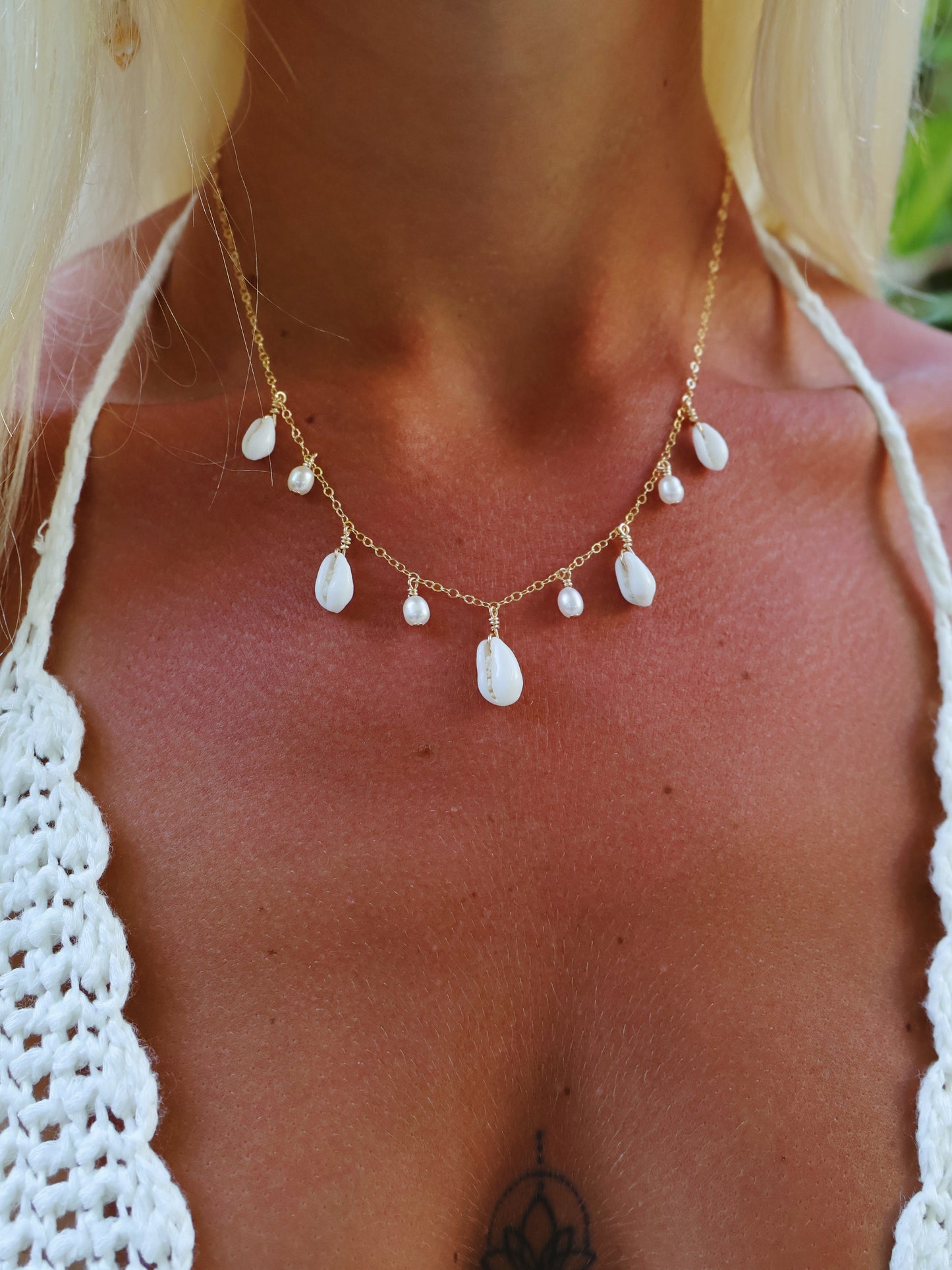 Gold Filled Full Cowrie Shell Baroque Pearl Multi Necklace