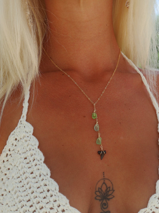 Gold Filled Mix Green Sea Glass & Shark Tooth Drop Necklace