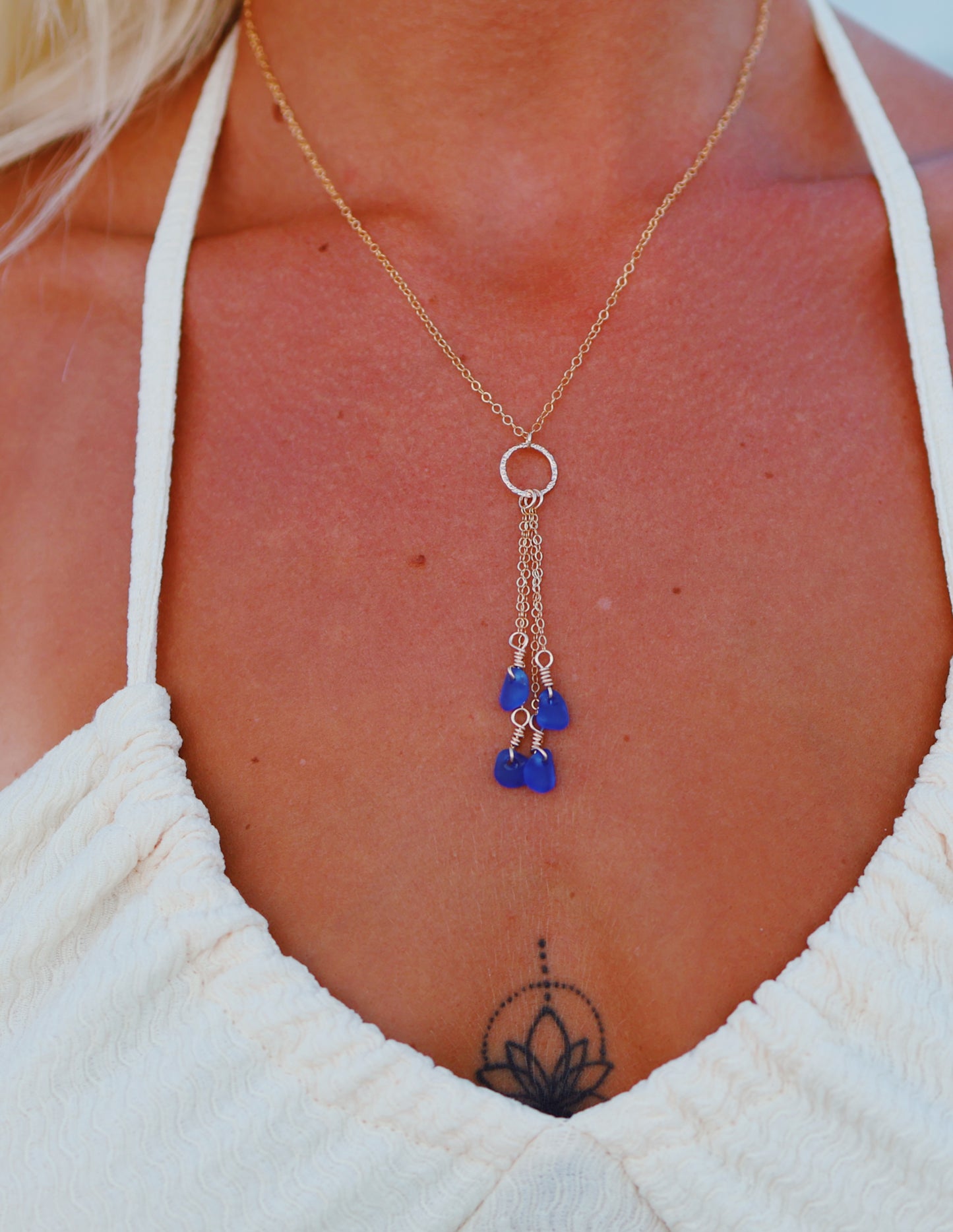 Gold Filled Royal Blue Sea Glass Multi Drop Necklace