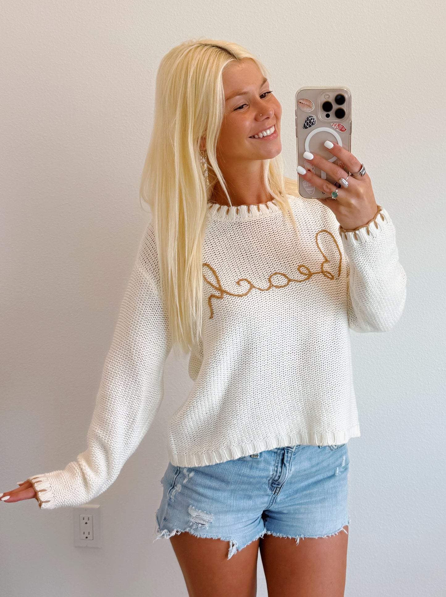 Cream Beach w/ Tan Embroidered Trim Sweater