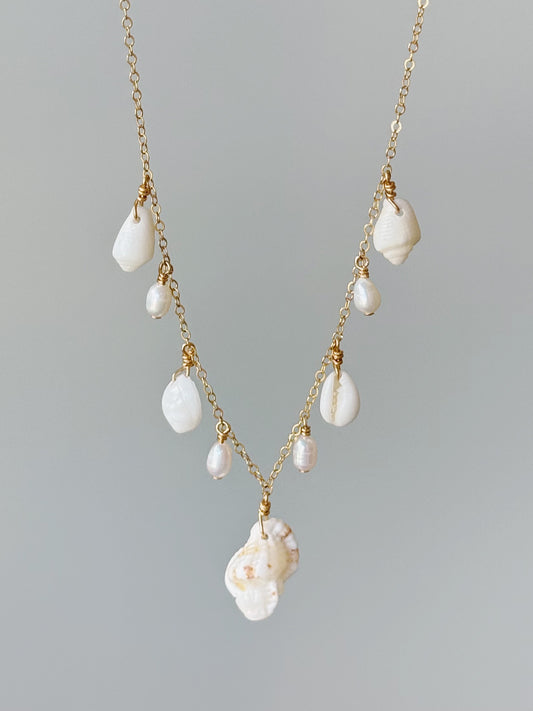 Gold Filled White Mermaid Shell Baroque Pearl Multi Necklace