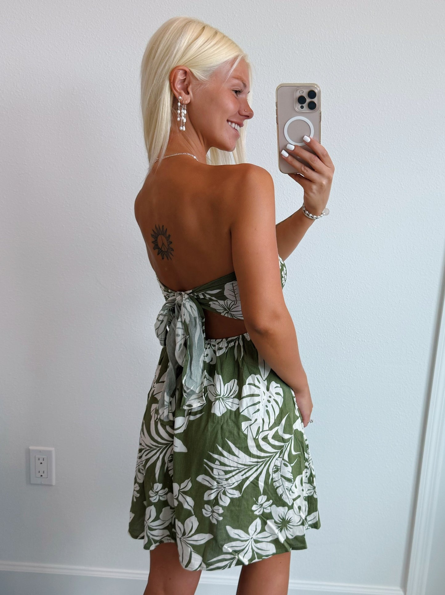 Olive Green Tropical Leaf Tie Back Strapless Mini Dress