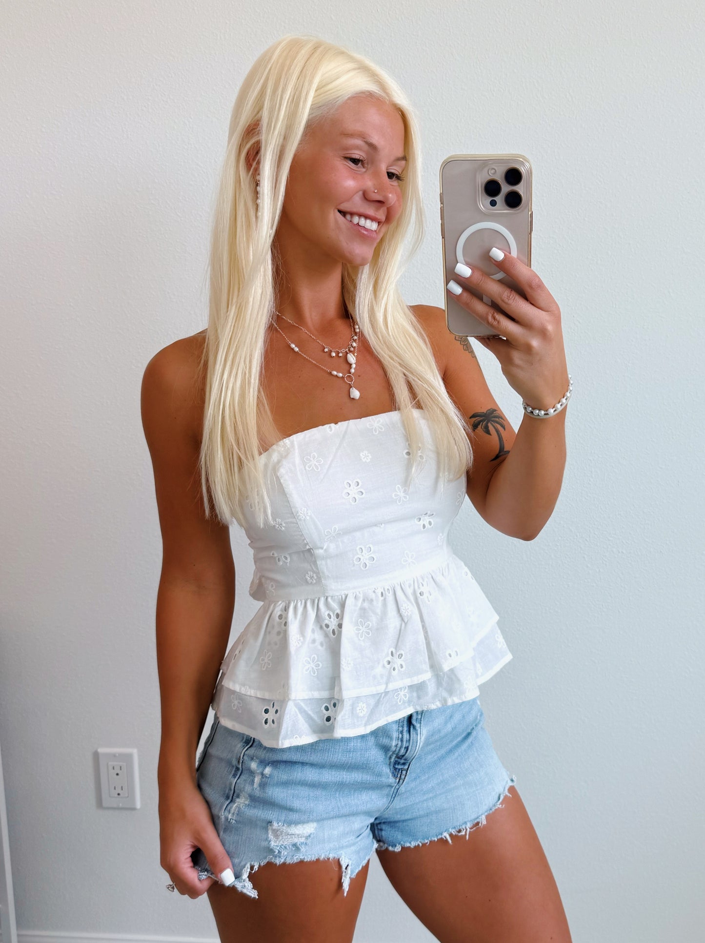White Eyelet Strapless Tie Back Tank Top