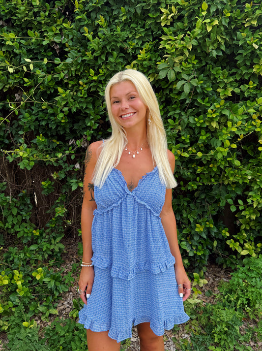 Blue Clover Print Tie Strap Ruffle Dress