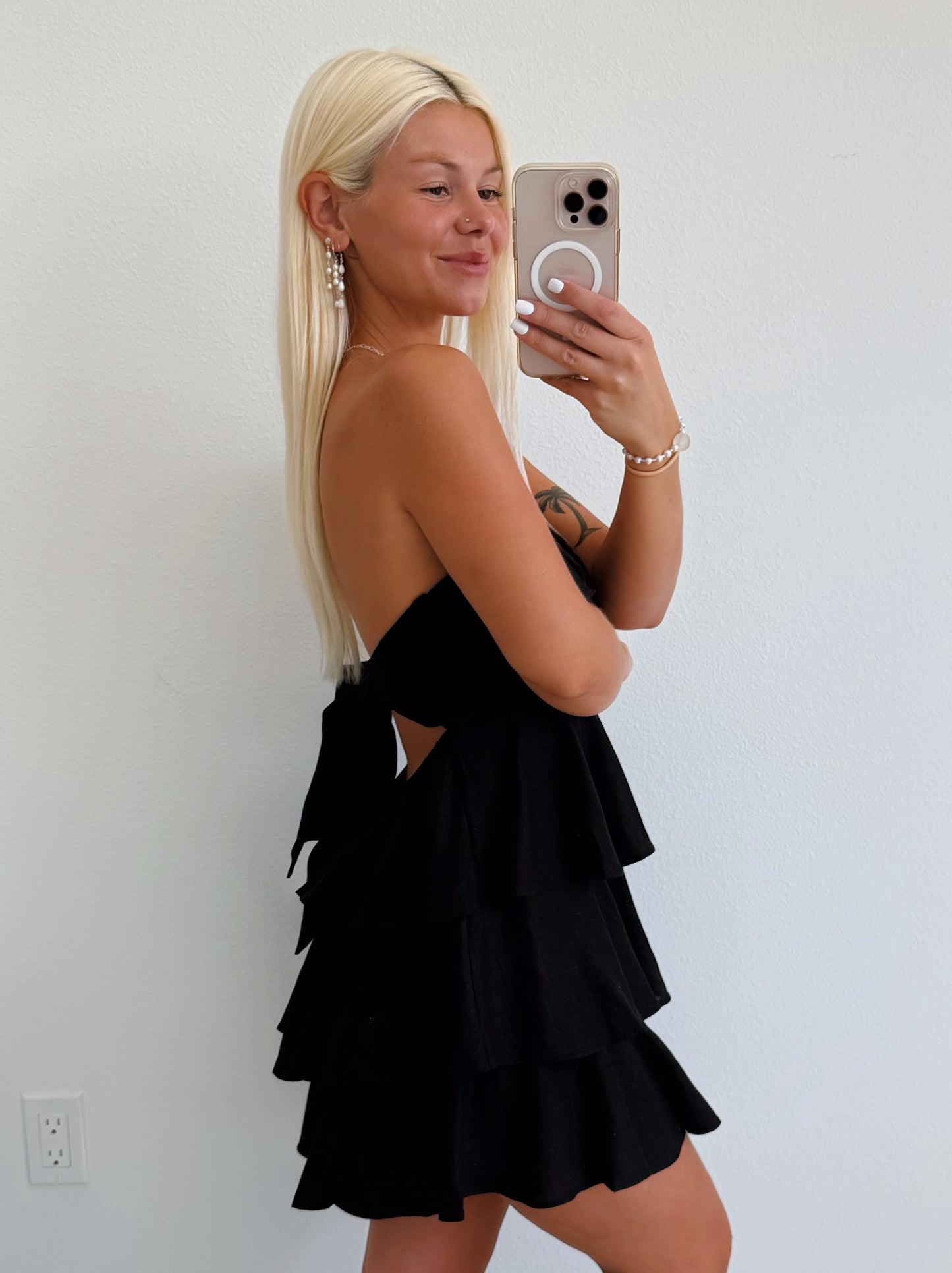 Black Strapless Babydoll Ruffle Layered Romper Dress