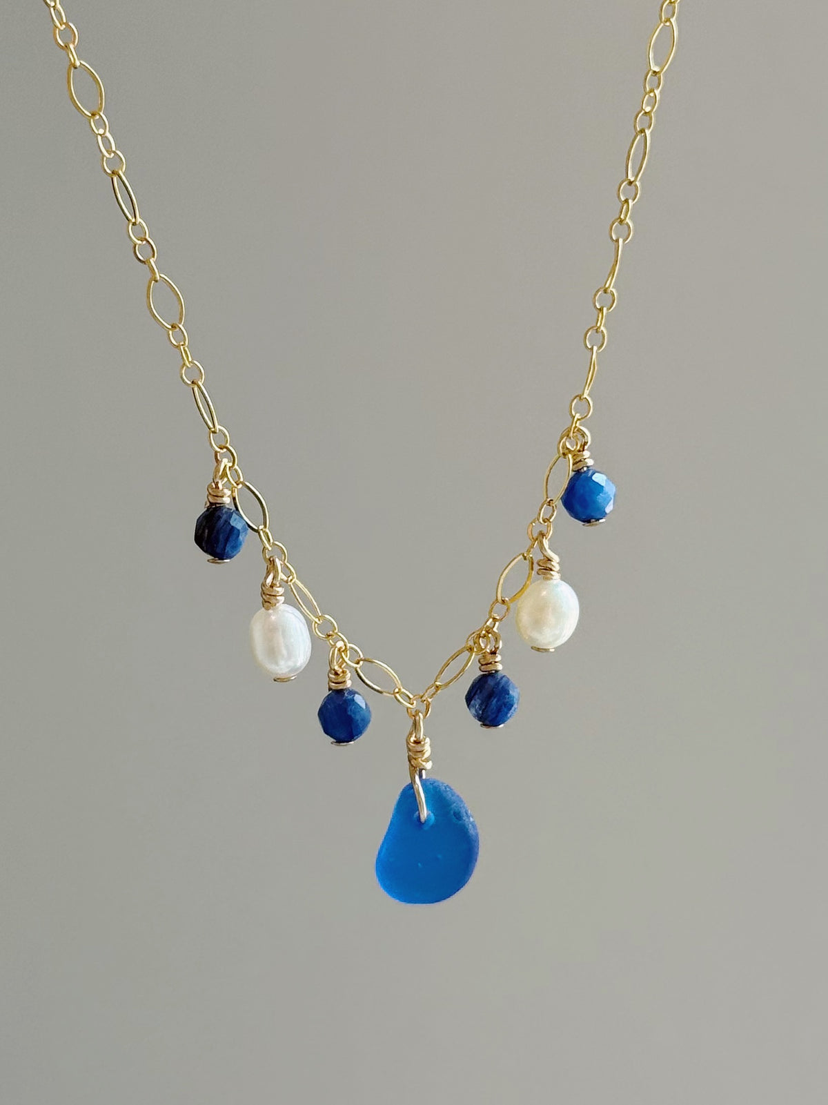 Gold Filled Fancy Royal Blue Sea Glass Gemstone Necklace
