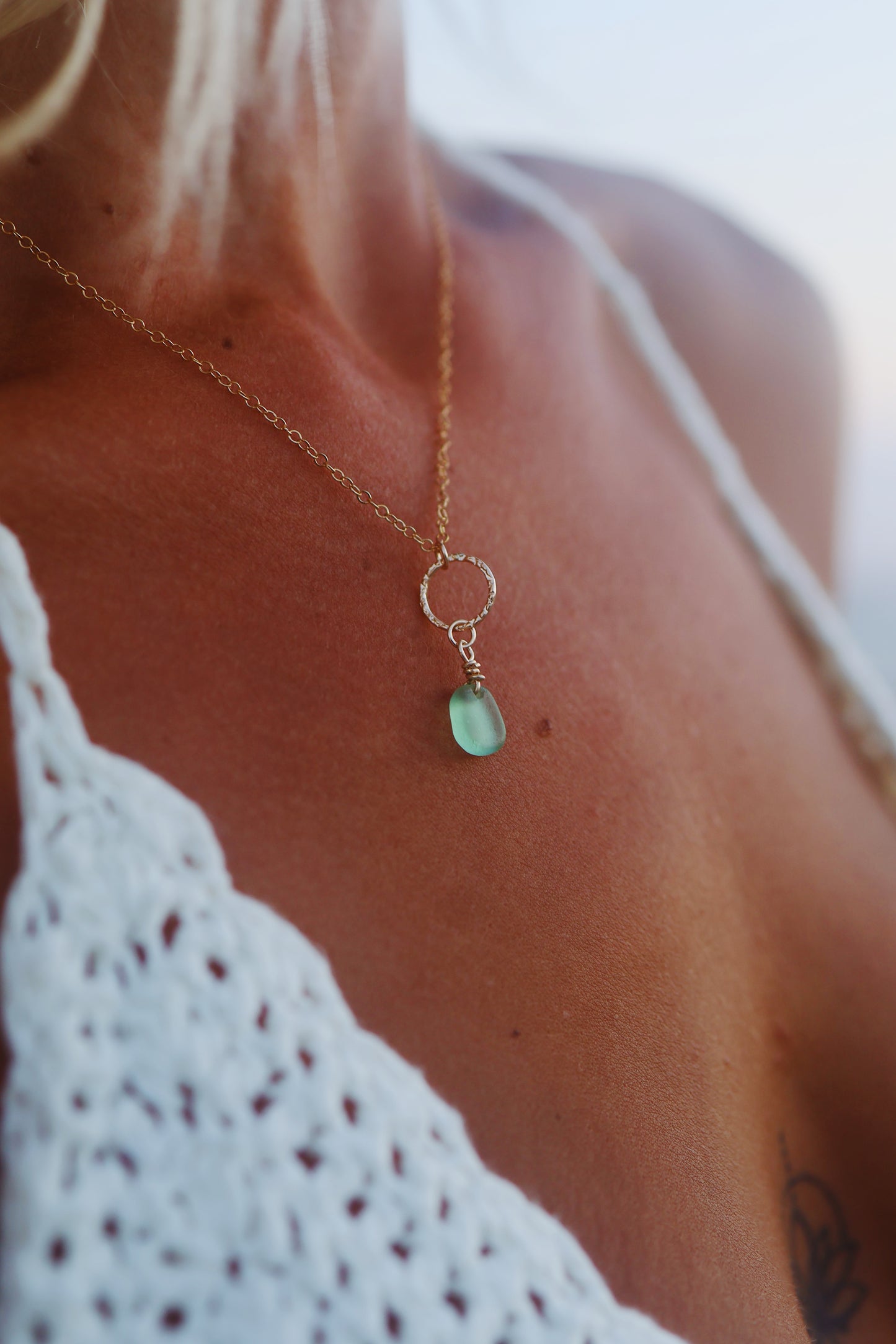 Gold Filled Light Green Sea Glass Hammered Circle Necklace