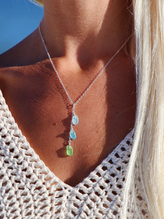Sterling Silver Mix Blue & Green Sea Glass Drop Necklace