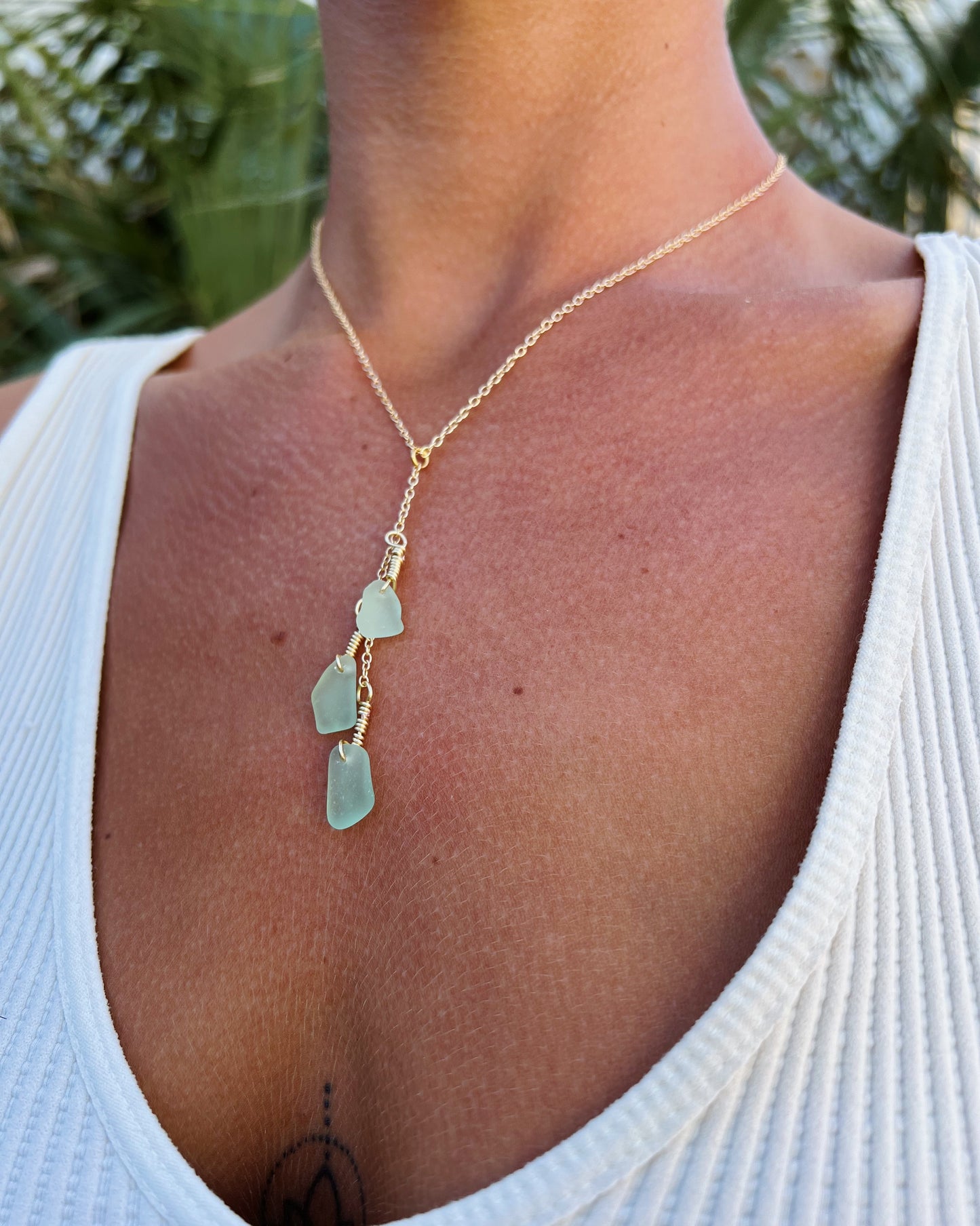 Mint Sea Glass Gold Drop Necklace