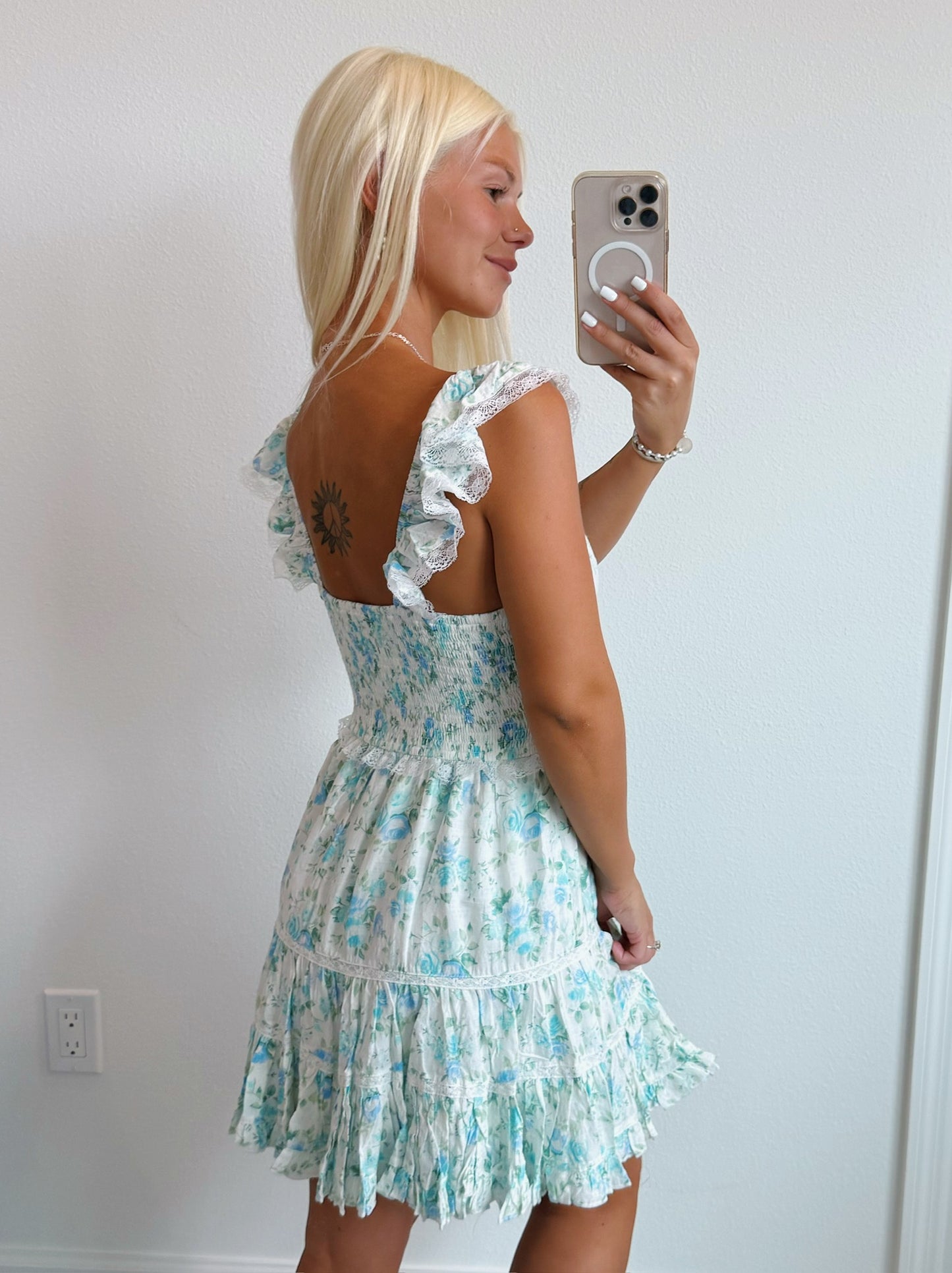 Floral Lace Ruffle Shoulder Mini Dress