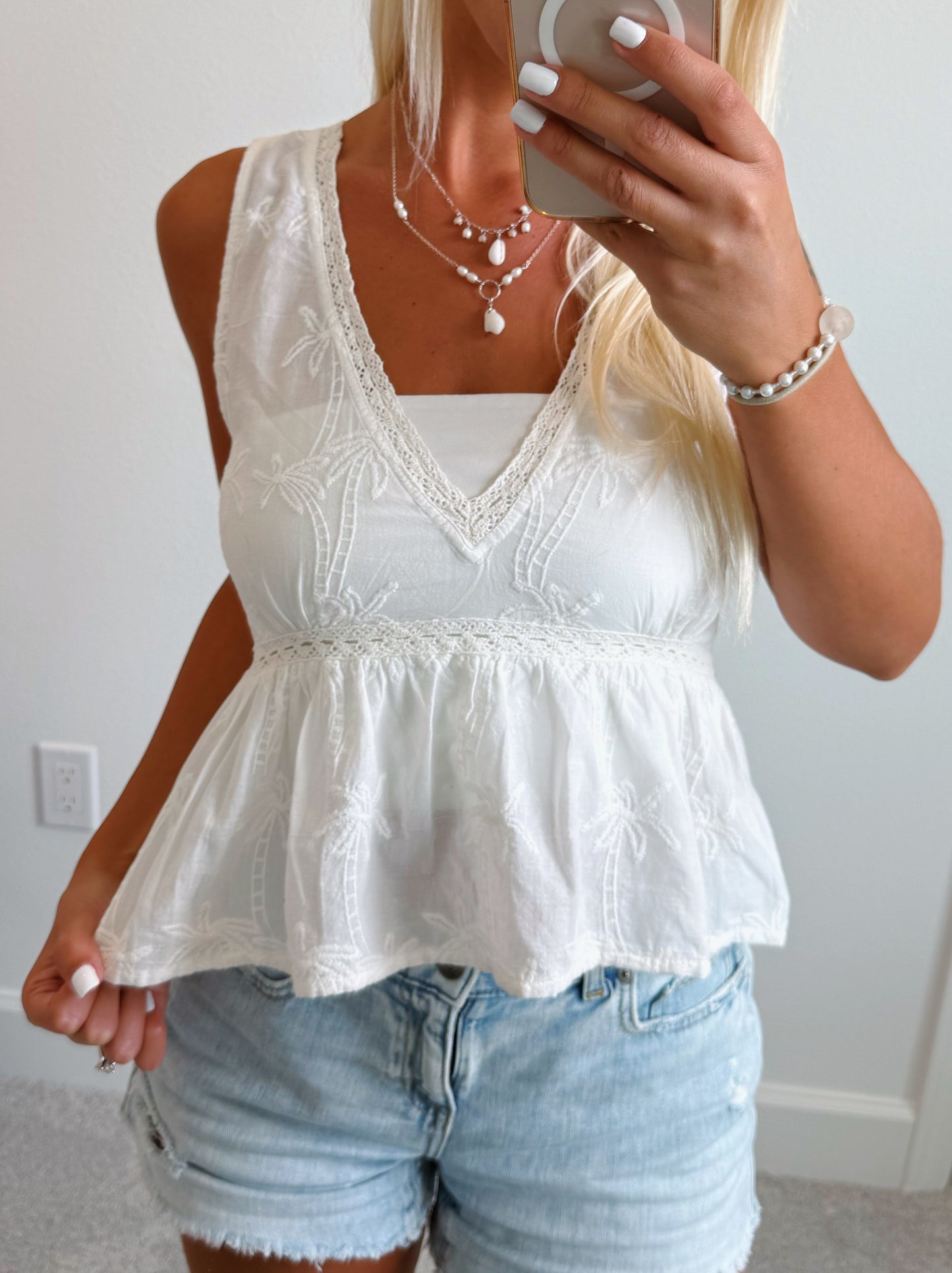 White Palm Tree Tie Back Tassel Tank Top