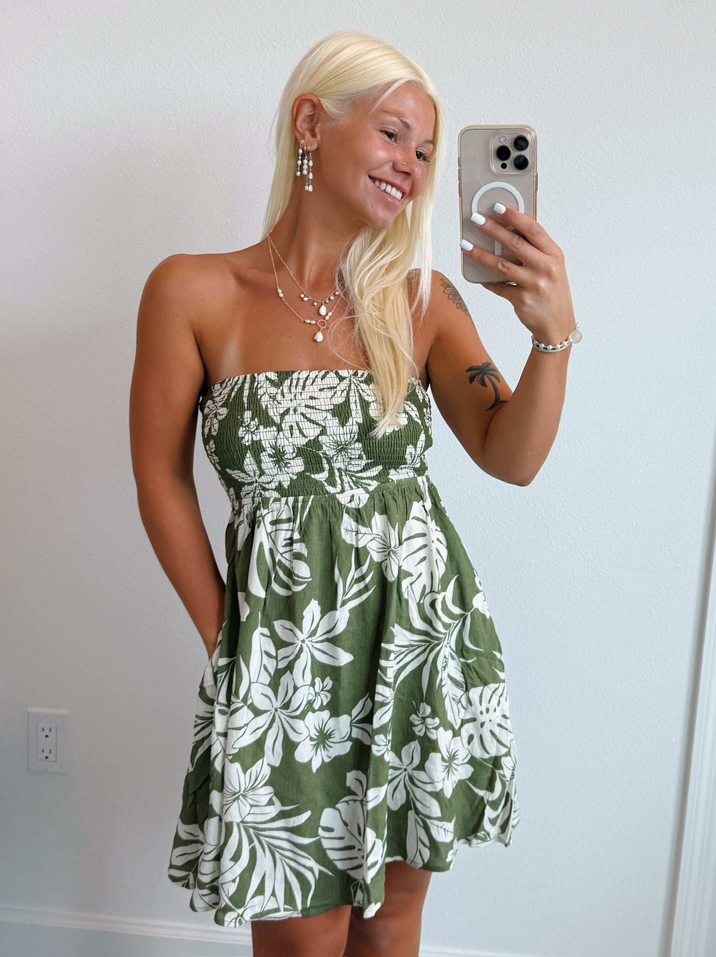 Olive Green Tropical Leaf Tie Back Strapless Mini Dress