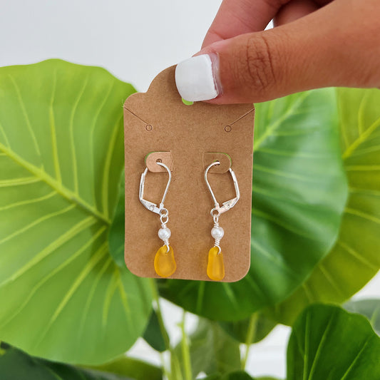 Silver Yellow Sea Glass Pearl Earrings