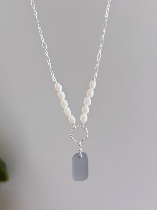 Sterling Silver RARE Gray Sea Glass Fancy Baroque Pearl Necklace