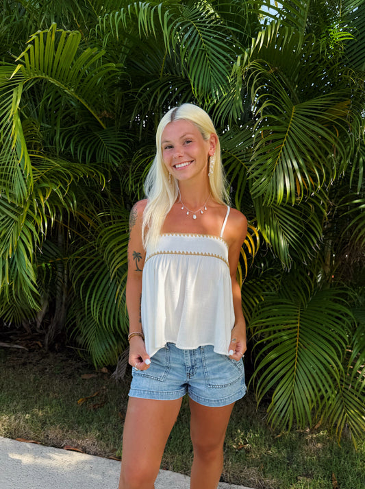 White Flowy Tank w/ Tan Trim Embroidery