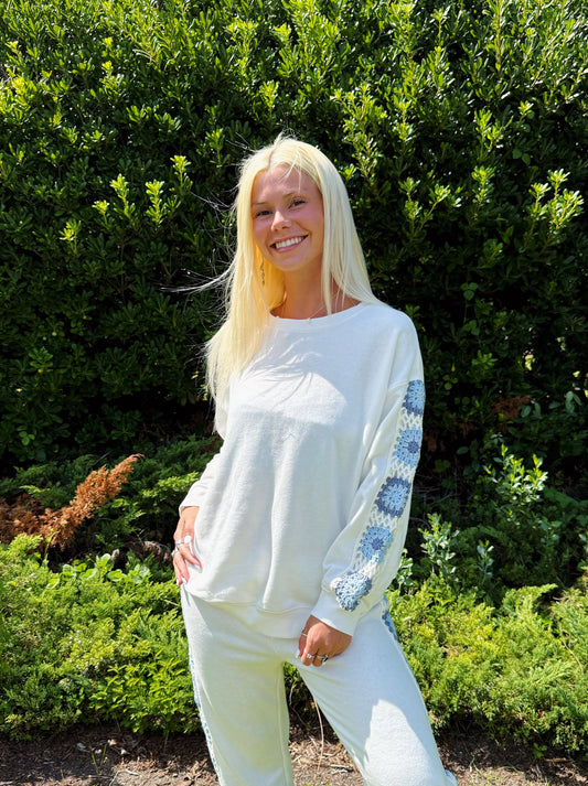 White & Blue Crochet Crewneck