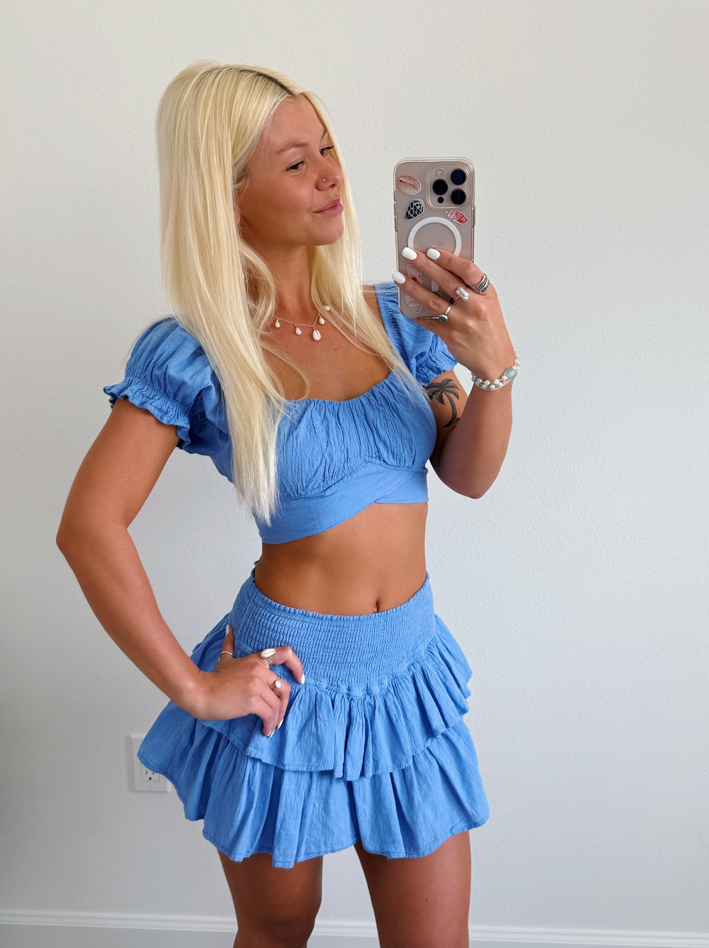 Short Sleeve Tie Back Top & Matching Ruffle Elastic Skirt