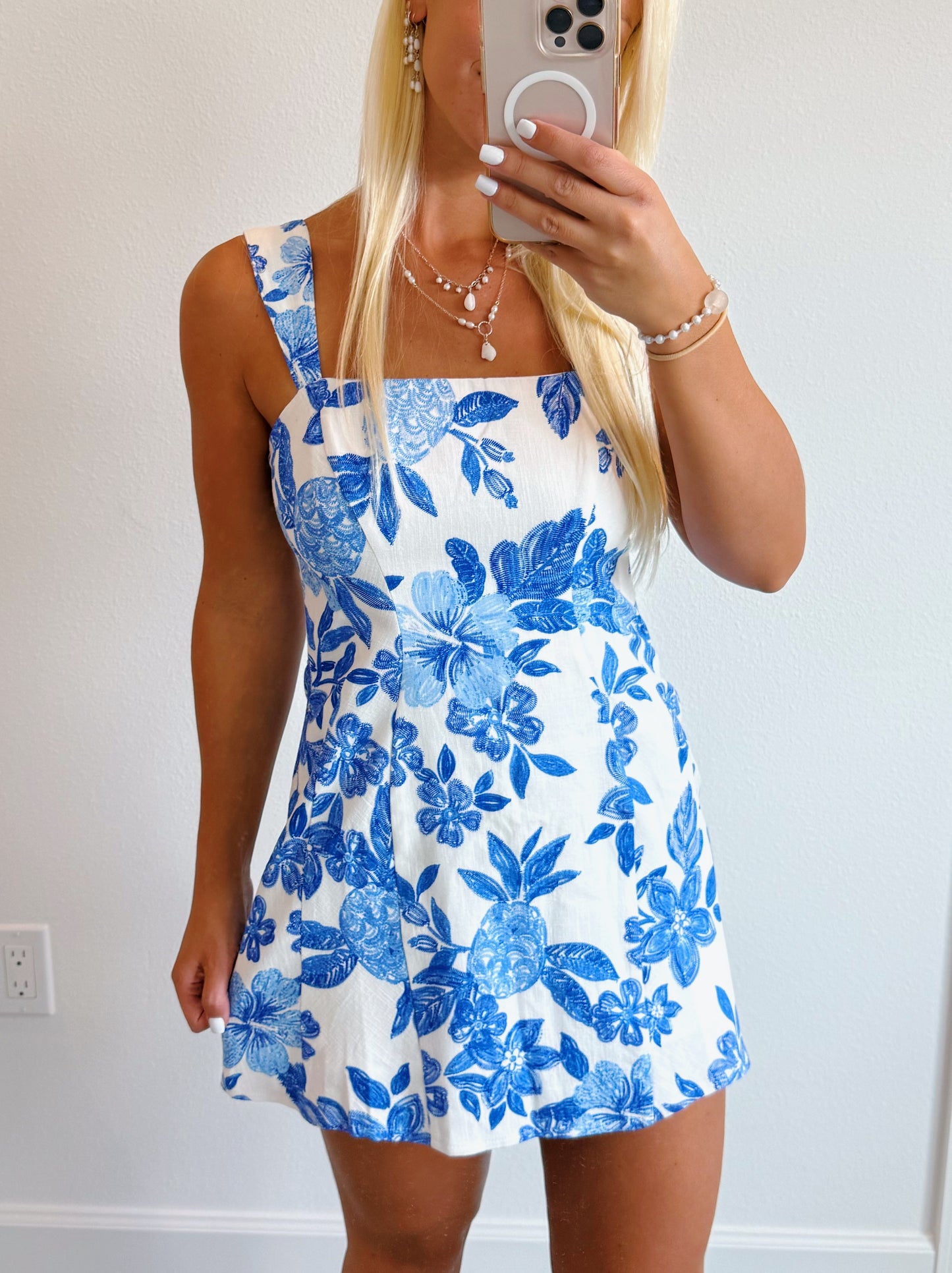 Blue Tropical Floral Wide Strap Mini Romper Dress