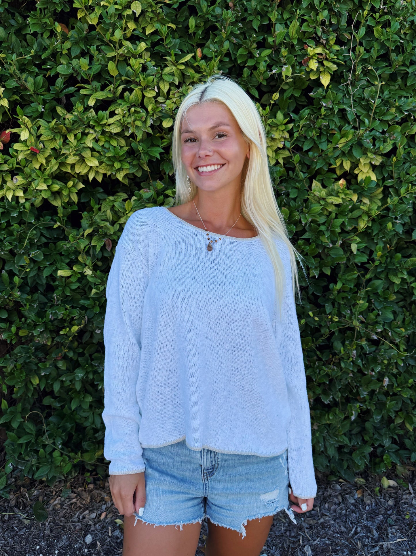 White & Desert Contrast Stitch Scoop Neck Sweater