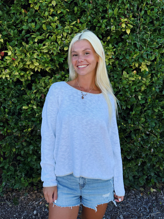 White & Desert Contrast Stitch Scoop Neck Sweater