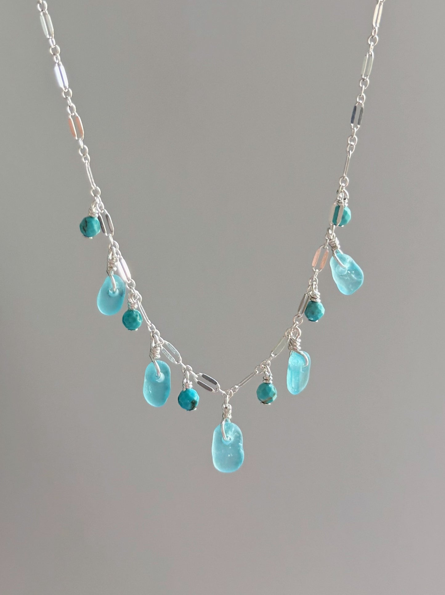 Sterling Silver Turquoise Sea Glass Gemstone Multi Sparkle Necklace
