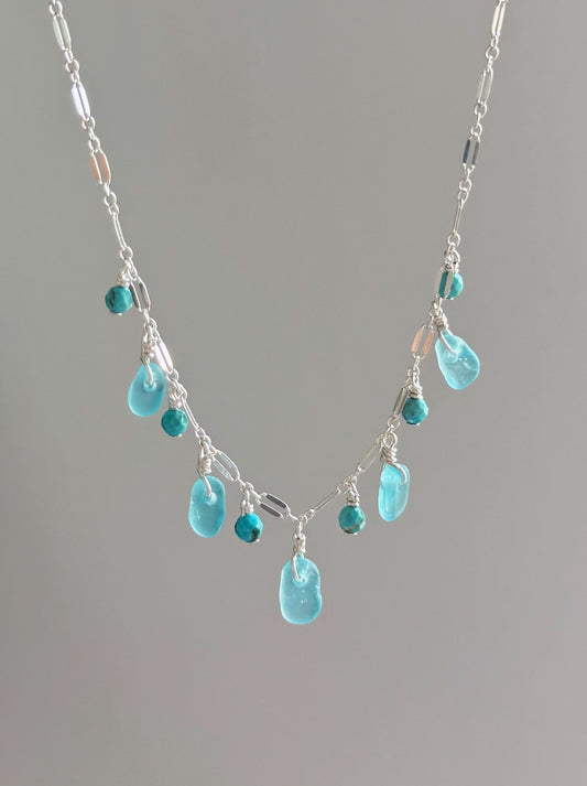 Sterling Silver Turquoise Sea Glass Gemstone Multi Sparkle Necklace