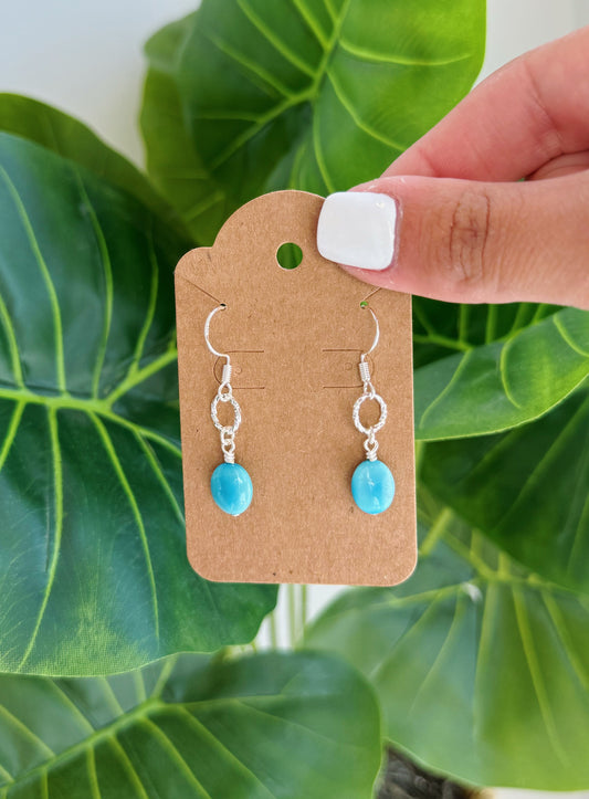 Silver Turquoise Gemstone Hammered Circle Earrings