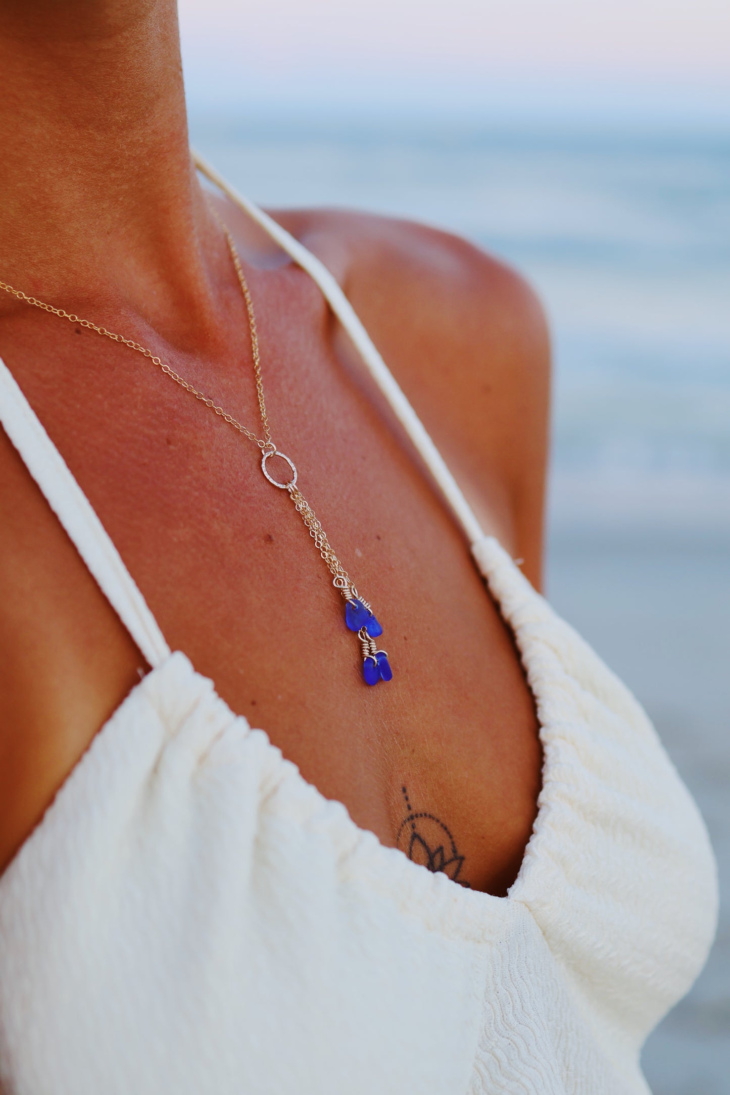 Gold Filled Royal Blue Sea Glass Multi Drop Necklace