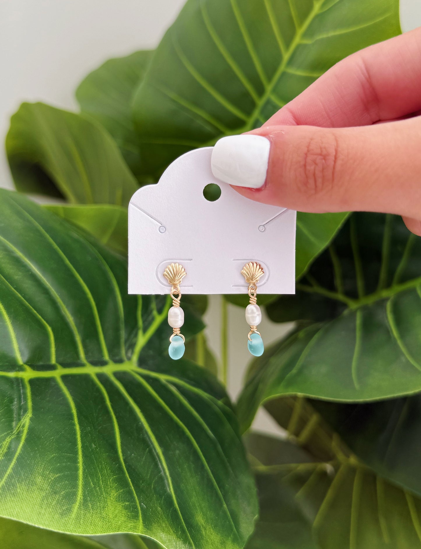 Gold Filled Baby Blue Sea Glass Shell Studs