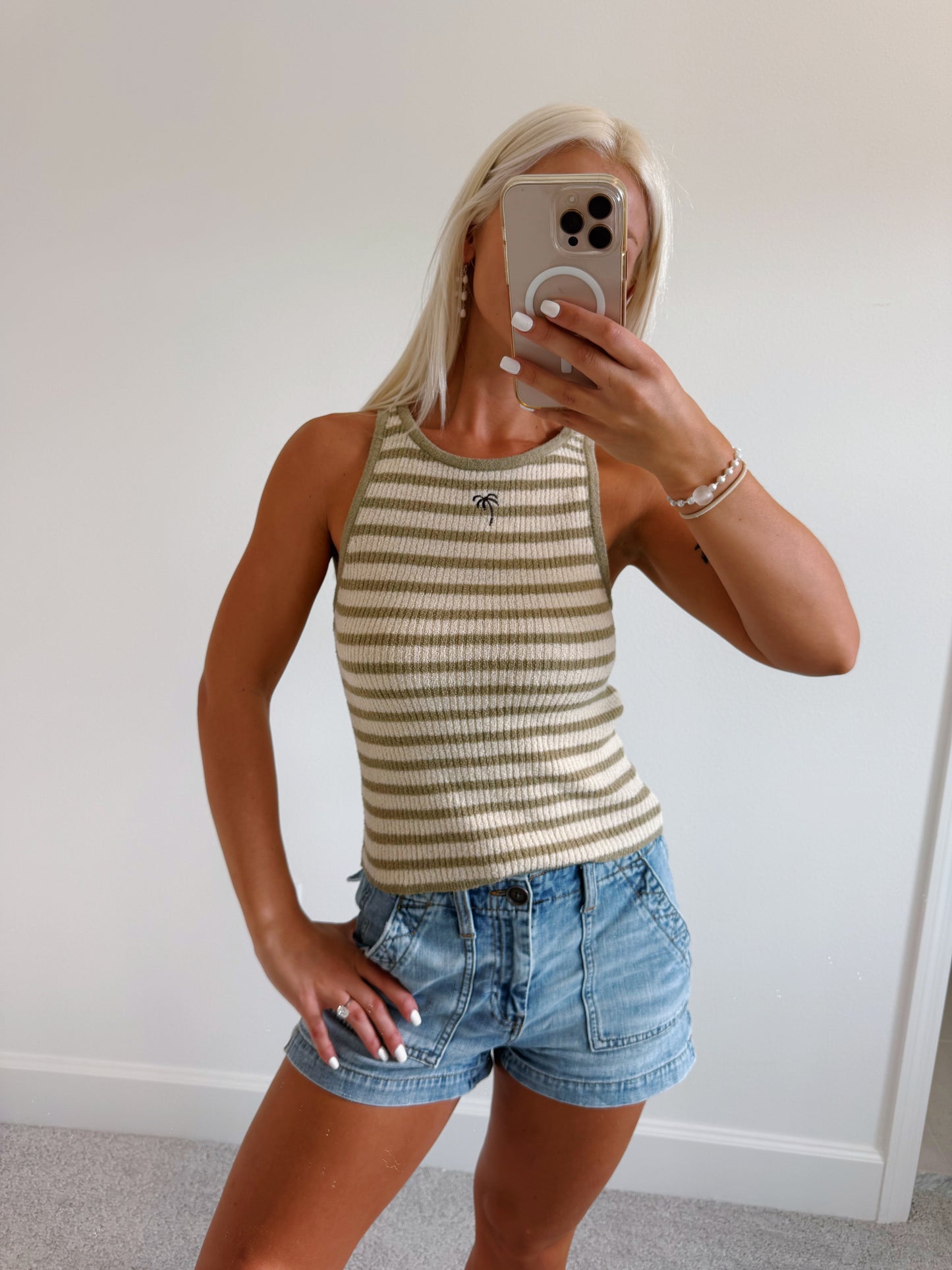 Olive Stripe Palm Embroidered Tank