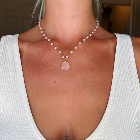 Light Pink Sea Glass w/ Gold Pearl Necklace