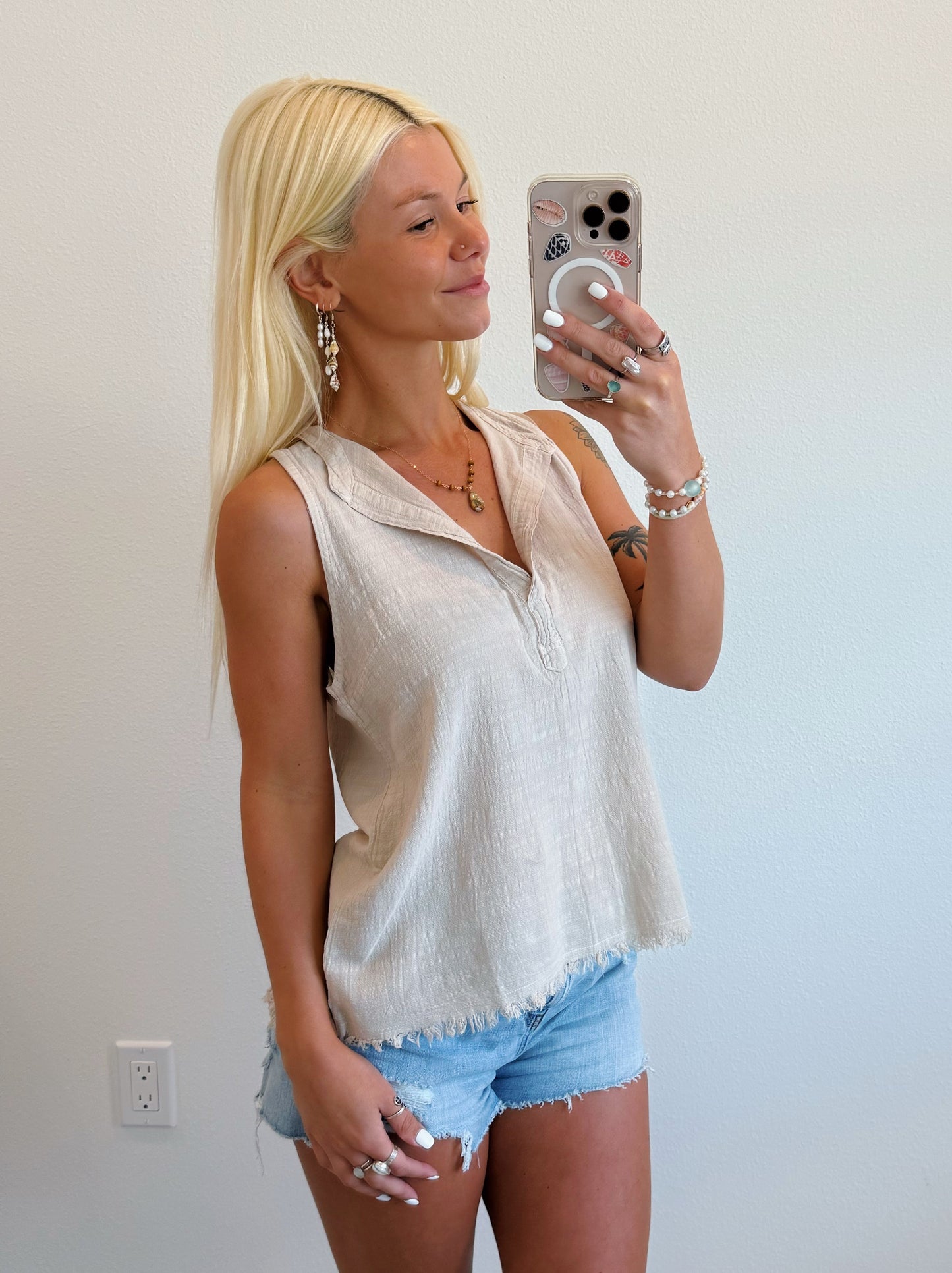 Beige V Neck Fringe Tank Top