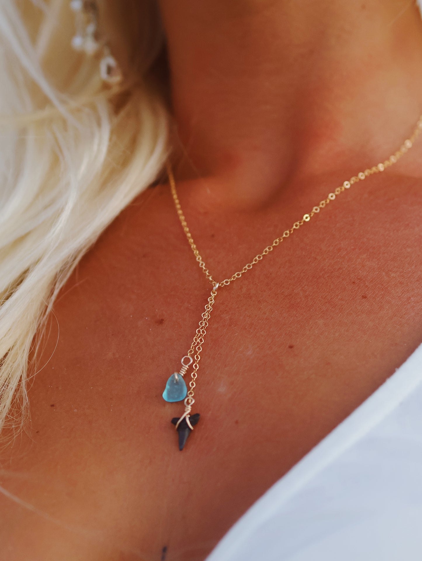 Gold Filled Shark Tooth & Light Turquoise Sea Glass Drop Necklace