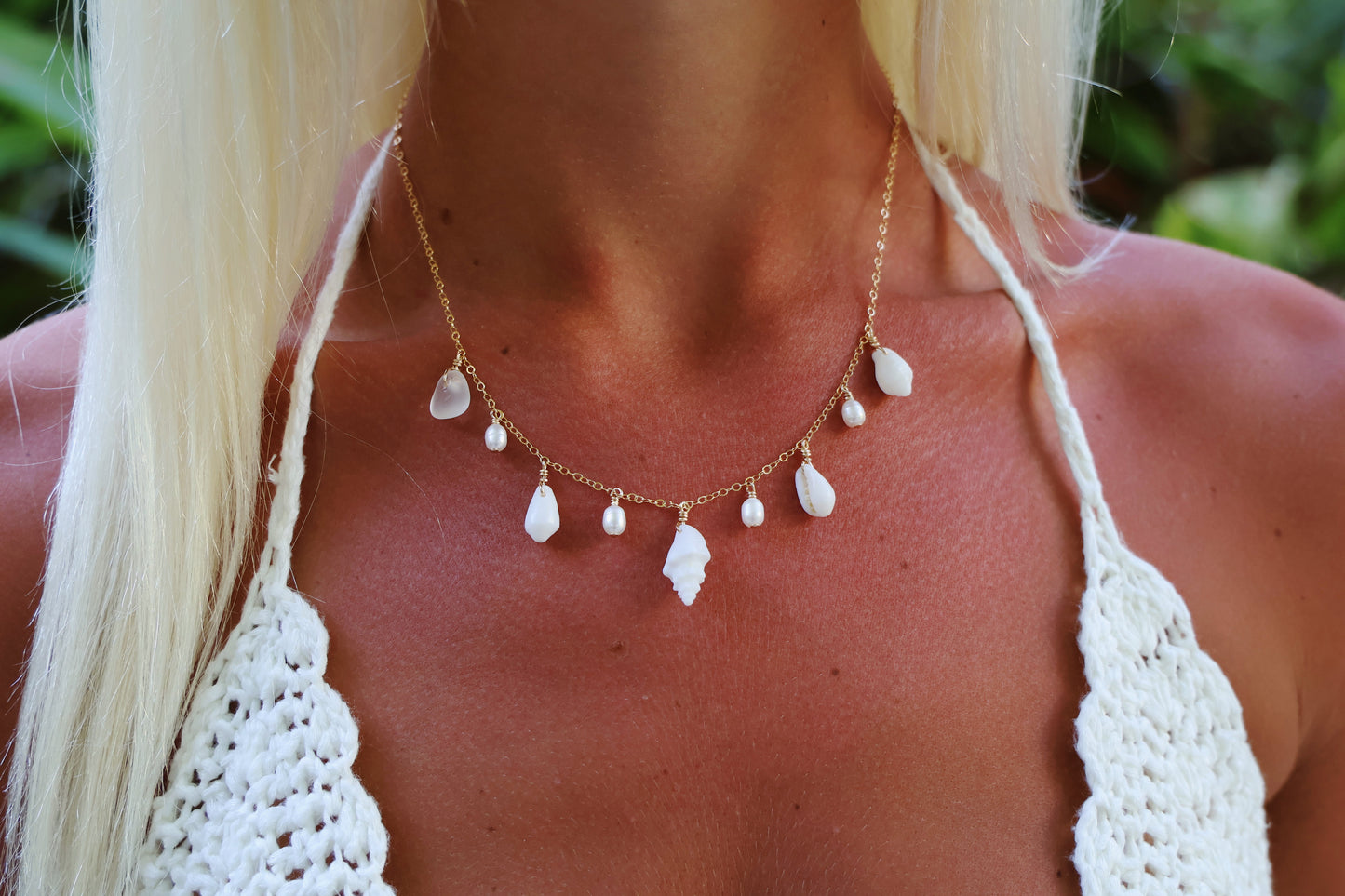 Gold Filled White Conch Mix Shell Baroque Pearl Multi Necklace