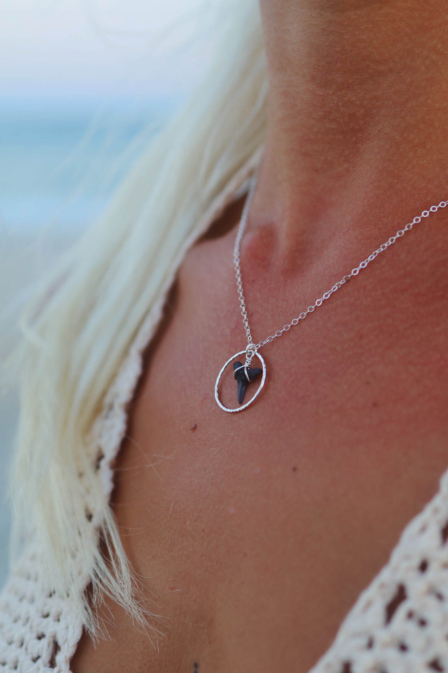 Sterling Silver Shark Tooth Hammered Circle Necklace