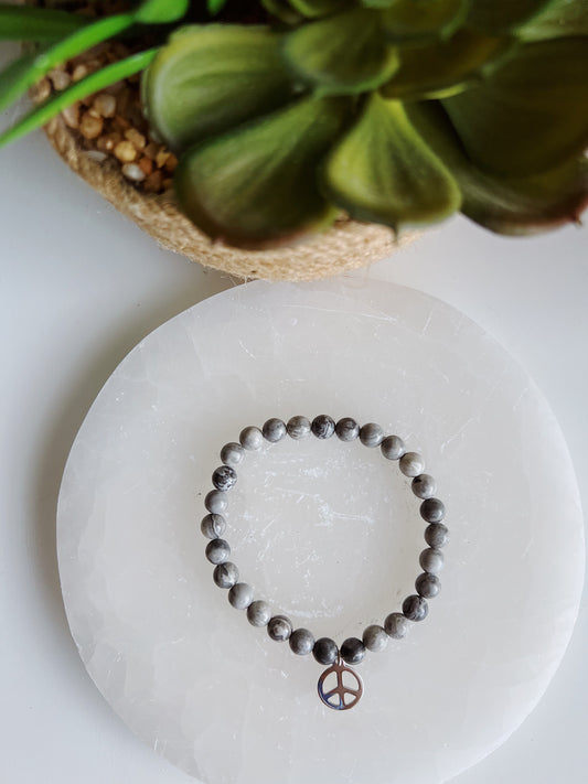 Gray Obsidian Peace Sign Gemstone Bracelet