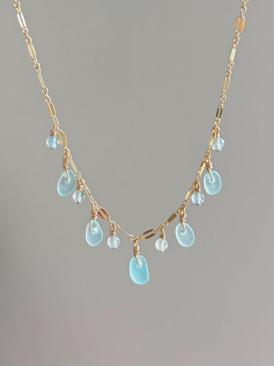 Gold Filled Baby Blue Sea Glass Gemstone Multi Sparkle Necklace