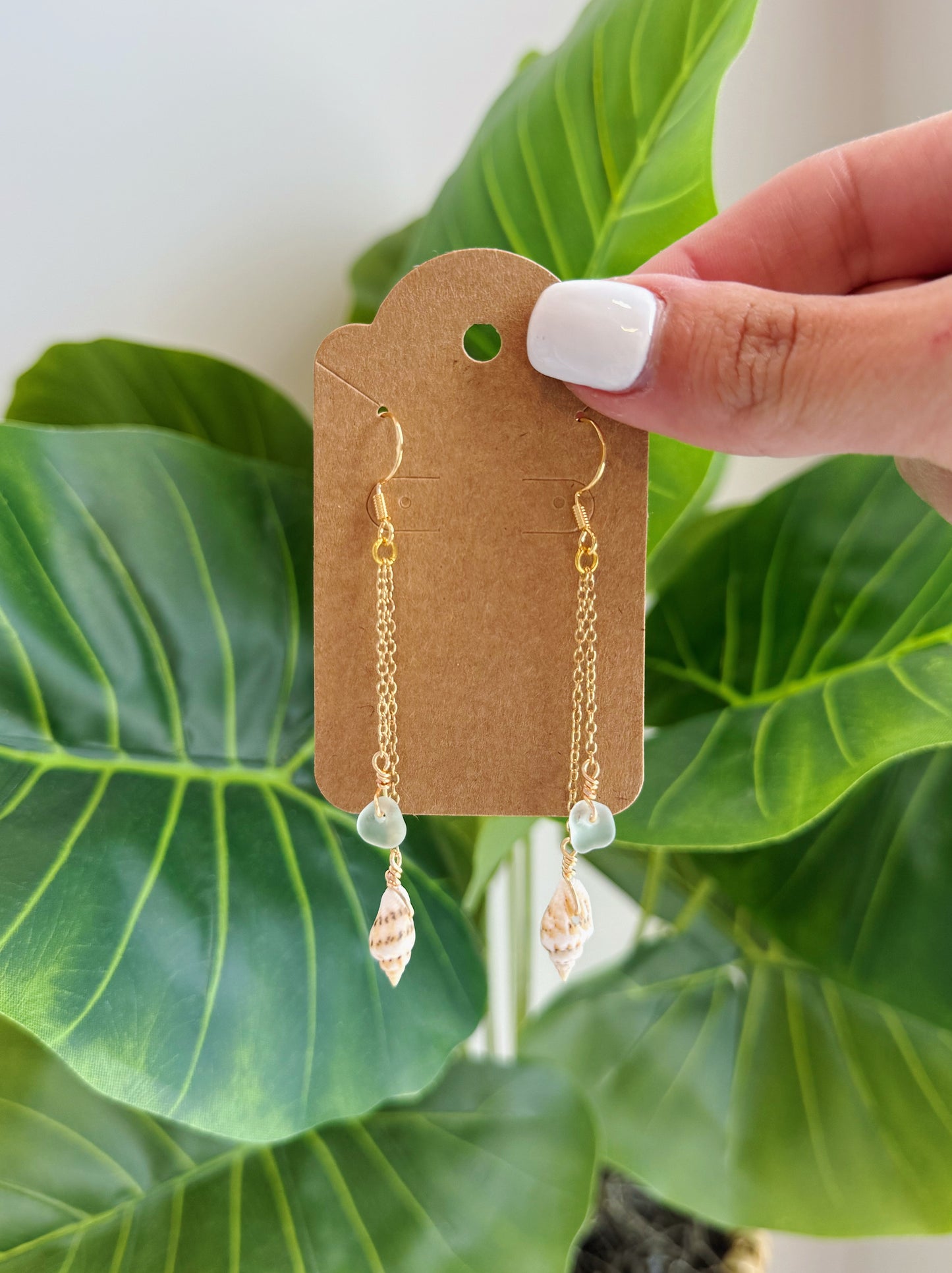 Gold Shell & Sea Foam Sea Glass Drop Earrings