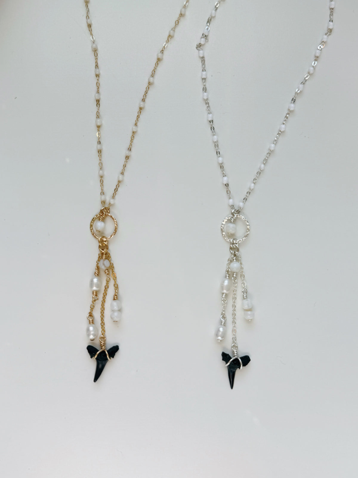 Gold Filled Shark Tooth Pearl Lover Triple Drop Necklace