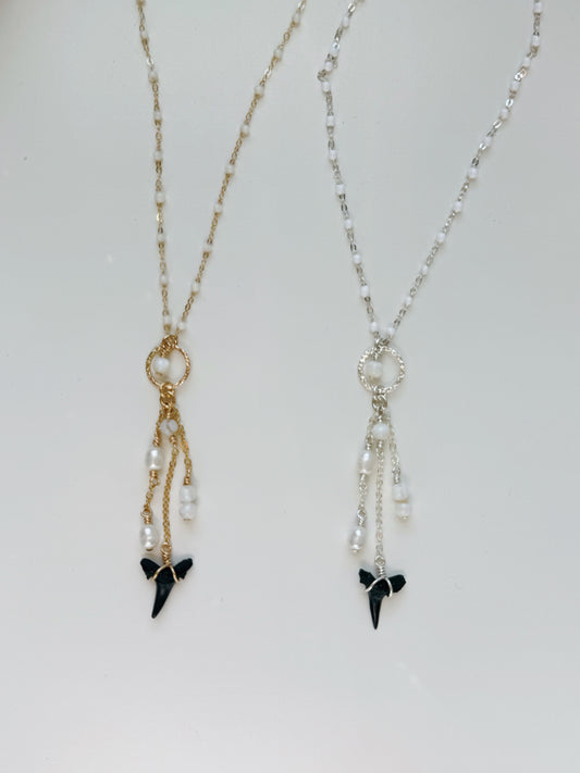 Gold Filled Shark Tooth Pearl Lover Triple Drop Necklace